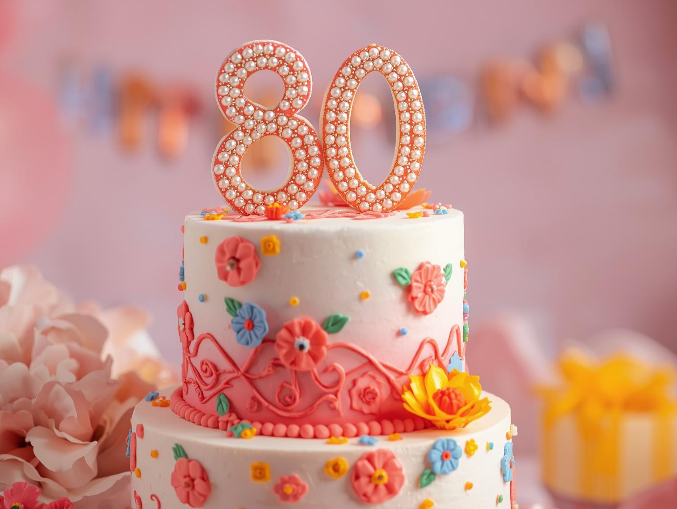a colorfully decorated birthday cake with a big number 80 in the middle